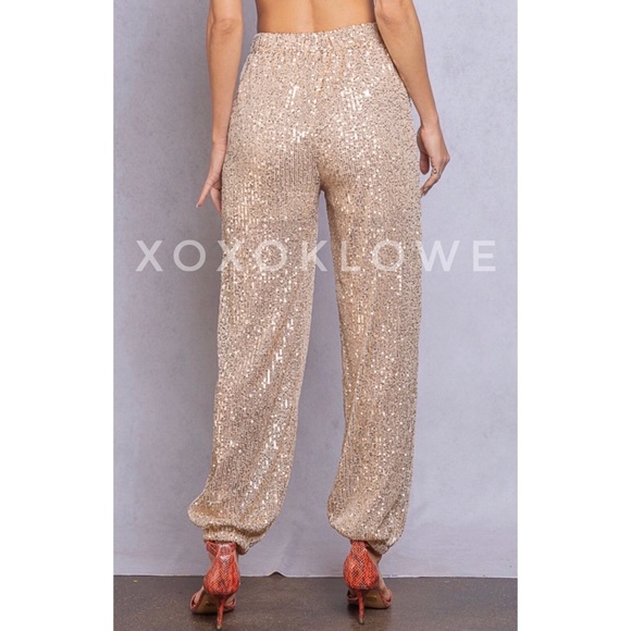POL Champagne Gold Sequin Sparkle Elastic Waist Joggers - Picture 7 of 16